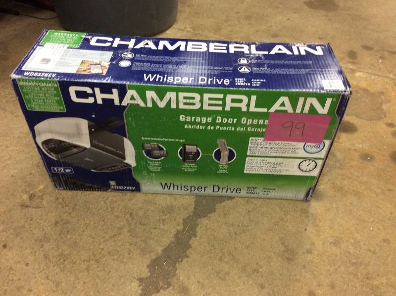 lot 99 image: Chamberlain Whisper Drive 12 HP Belt Drive Garage Door Opener with MyQ Technology Model # WD832KEV open box never used