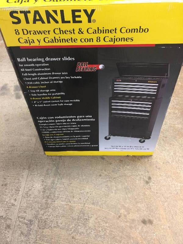 lot 101 image: Stanley 24 in. W 8-Drawer Tool Chest and Cabinet Combo, Dark Gray,Model # C-208BS open box never used