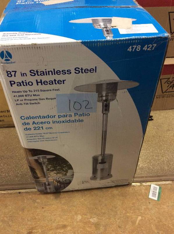 lot 102 image: Gardensun 41,000 BTU Stainless Steel Propane Patio Heater open box never used