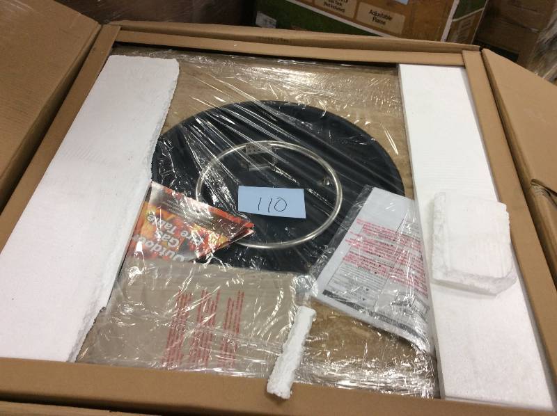 lot 110 image: Bond Manufacturing Sonoma 38 in. Square Envirostone and Travertine Propane Fire Pit open box never used Model # 67513