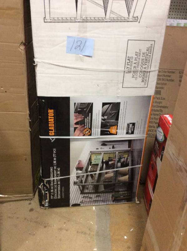 lot 121 image: Gladiator 73 in. H x 77 in. W x 24 in. D 4-Shelf Welded Steel Garage Shelving Unit not used