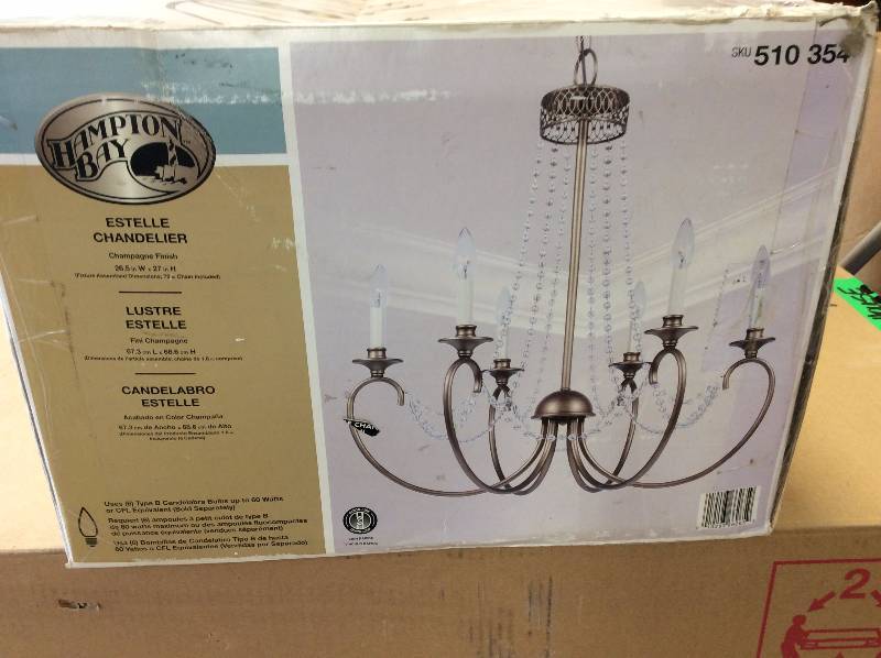 lot 8 image: Hampton Bay Estelle 6-Light Gold Hanging Chandelier Model # HD13811L6CHPC open box never used