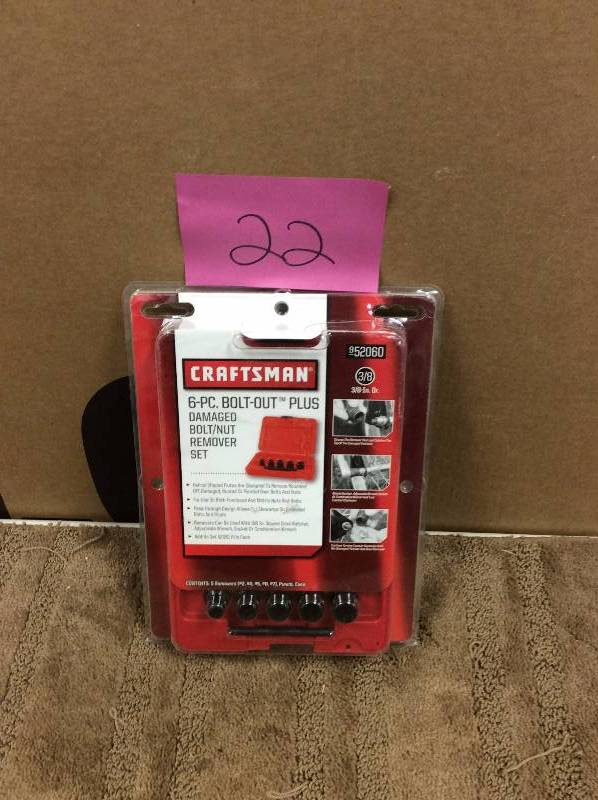 lot 22 image: Craftsman Bolt-Out 6-Piece Damaged BoltNut Remover Sets 009-52060 not used