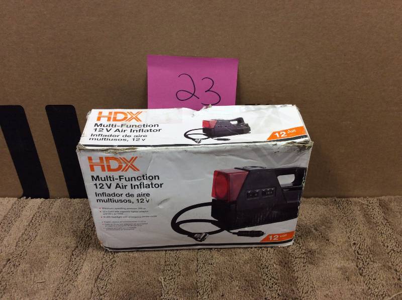 lot 23 image: HDX 12-volt Inflator whit warnig light in black in working conditions