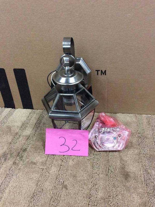 lot 32 image: Sea Gull Lighting Lancaster 1-Light Outdoor Antique Brushed Nickel Wall Fixture Model#  8037-965 open box never used