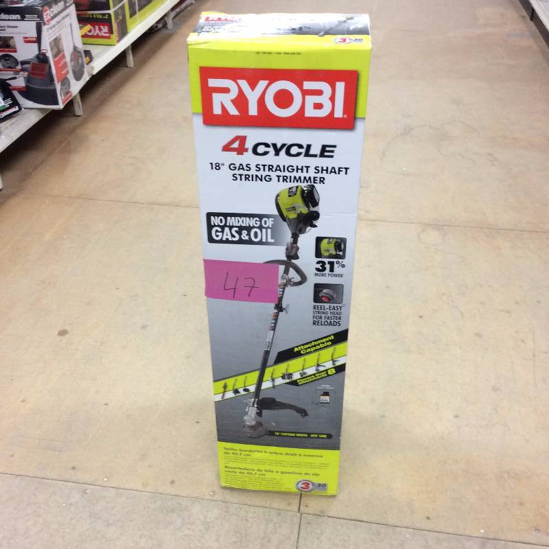 lot 47 image: Ryobi 4-Cycle 30cc Attachment Capable Straight Shaft Gas Trimmer Model # RY34447 not used