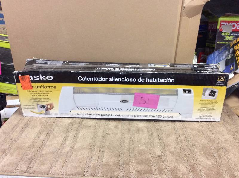 lot 51 image: Lasko 1500 Watt Low Profile Silent Room Heater with Digital Display - White opoen box never used