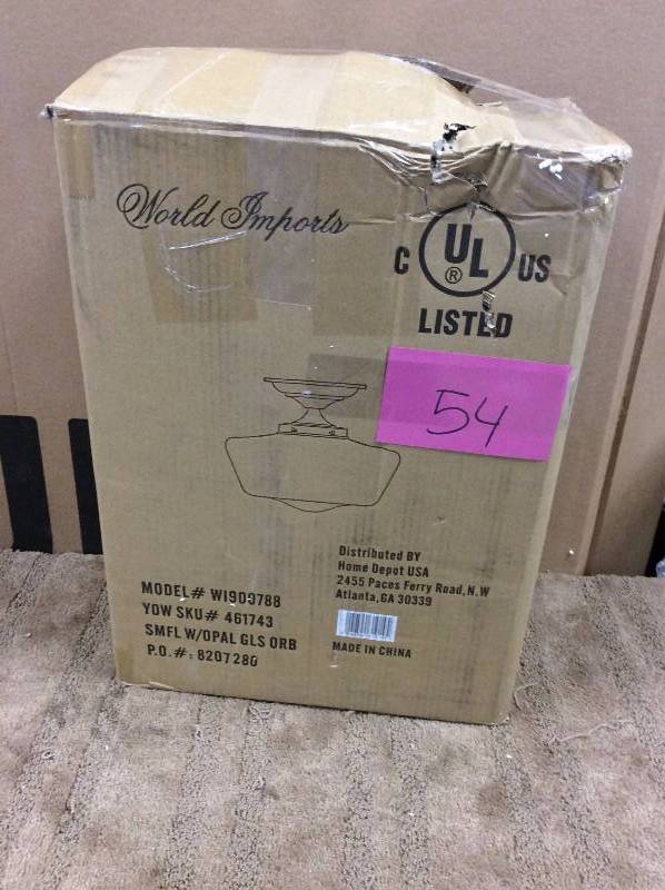 lot 54 image: World Imports Luray 1-Light Oil-Rubbed Bronze Semi-Flush Mount Light Model#  WI900788  open box never used