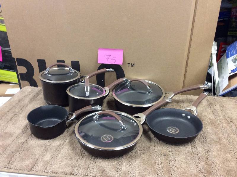 lot 75 image: Circulon Symmetry Chocolate Hard Anodized Nonstick 11-Piece Cookware Set open box never used