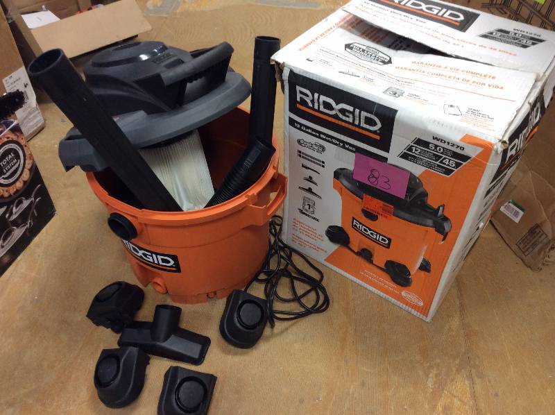 lot 83 image: RIDGID 12 Gal. 5.0-Peak HP Wet Dry Vac Model#  WD1270   in like New working conditions