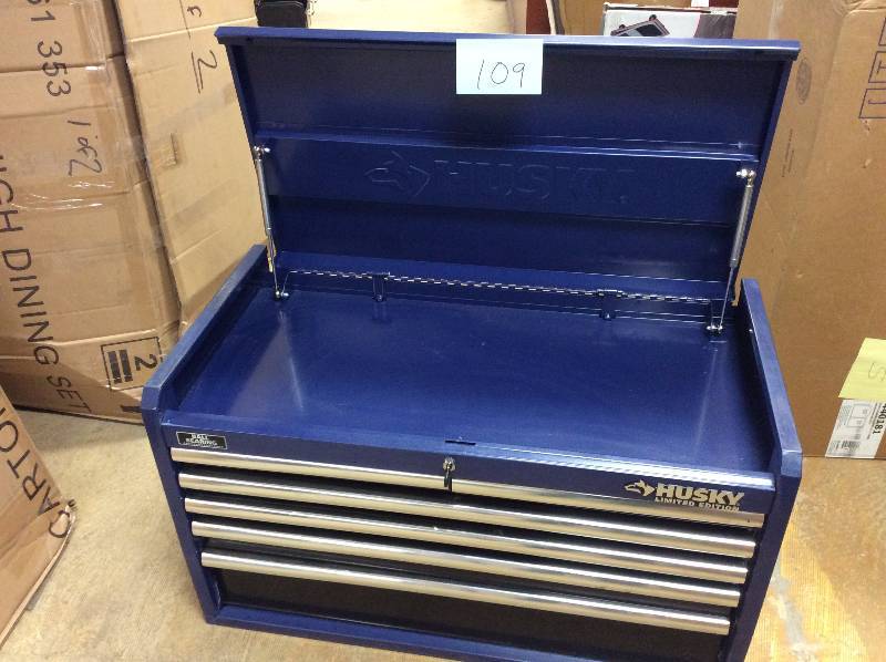 lot 109 image: Husky 36 in. 6-Drawer Tool Chest, Blue Body and Black Drawer Model#  H6CH36LEB never used