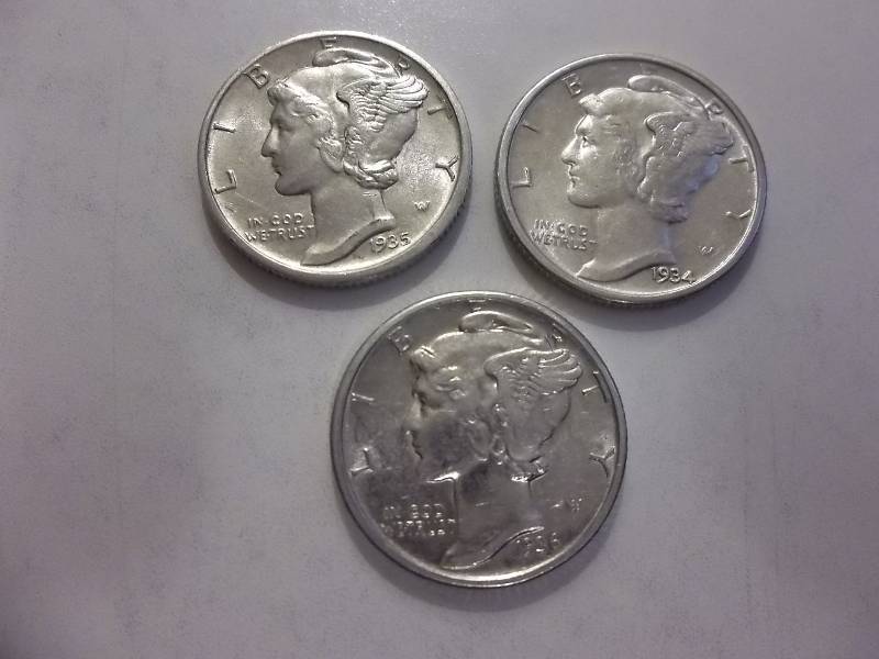 1934, 1935 D, 1936 D Mercury Dimes All MS