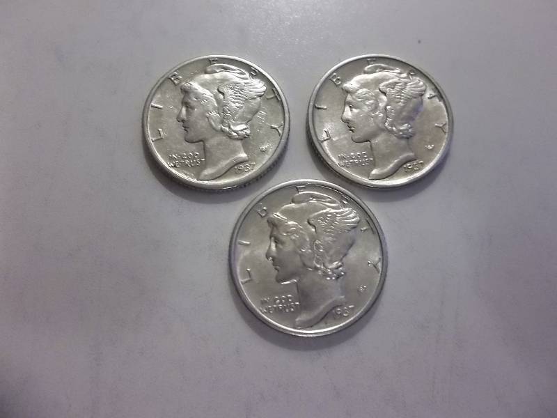 1937 D, 1937 D, 1937 D Mercury Dimes All MS