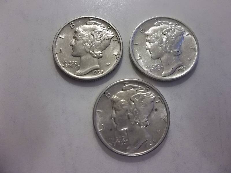 1937, 1938 D, 1939 Mercury Dimes All MS