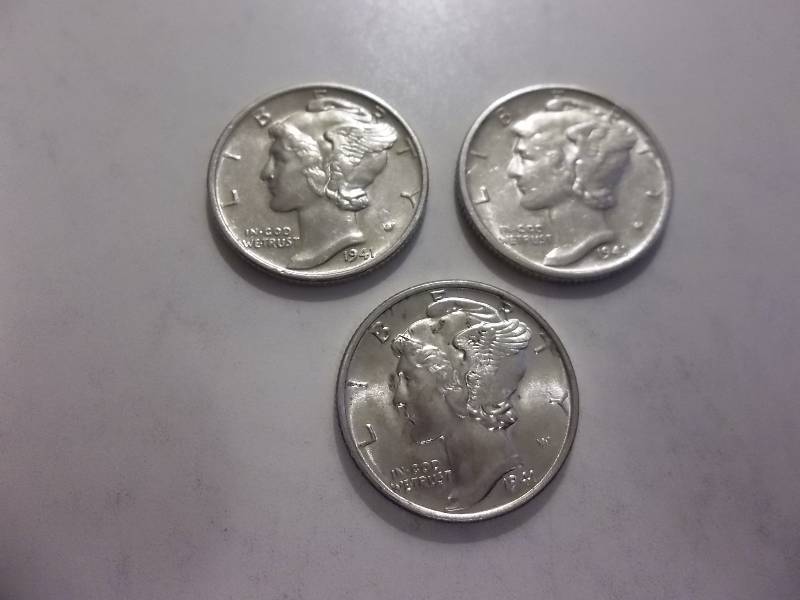 1941 D, 1941 D, 1941 D Mercury Dimes All MS
