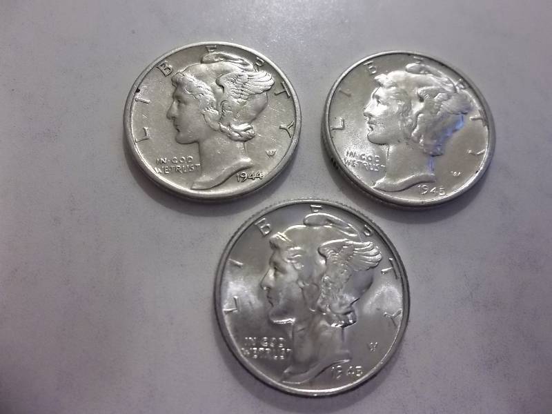 1944 D, 1945, 1945 D Mercury Dimes All MS