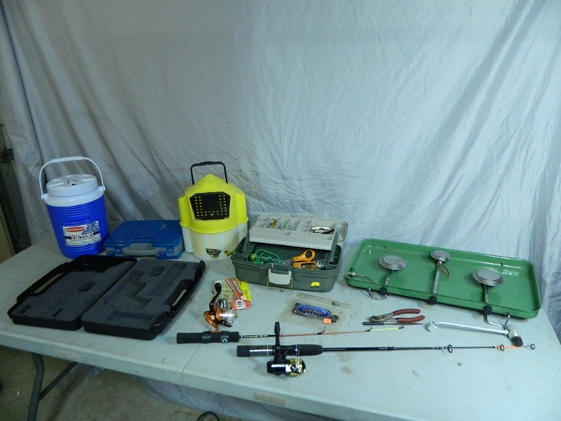 lot 62 image: Camp Stove, Tackle Box with Tackle, and More
