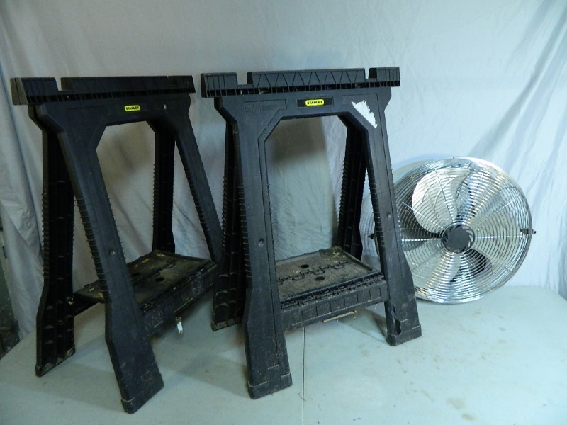 lot 67 image: Folding Stanley Sawhorses and Fan