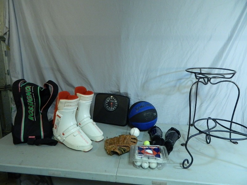 lot 108 image: 2 Metal Plant Stands and Sports Items