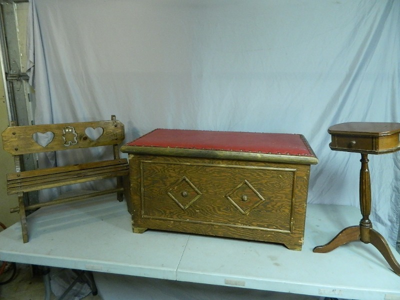 lot 112 image: Trunk, Bench, and Table