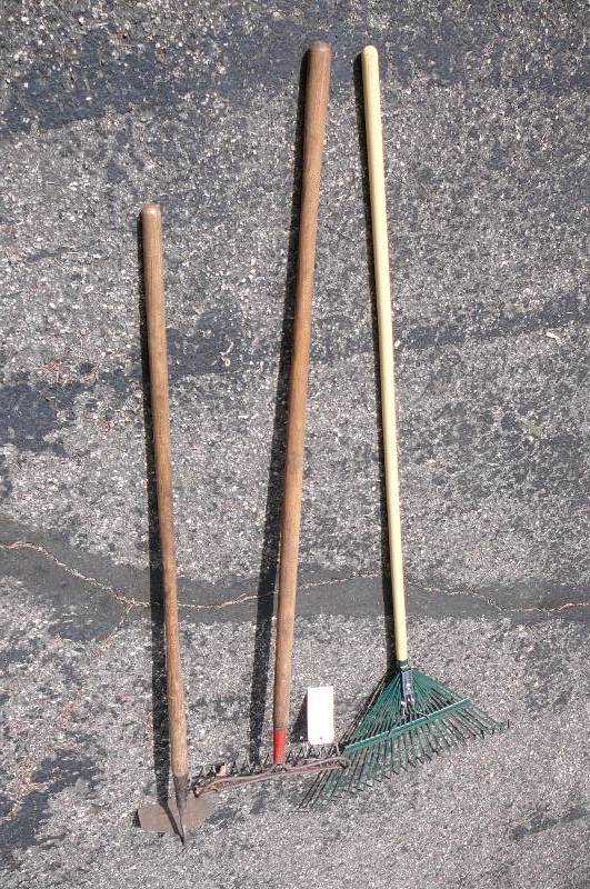 lot 126 image: Broom, Hoe, Rake