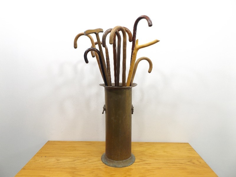 Antique Brass UmbrellaCan Stand with 10 Vintage Wood Canes