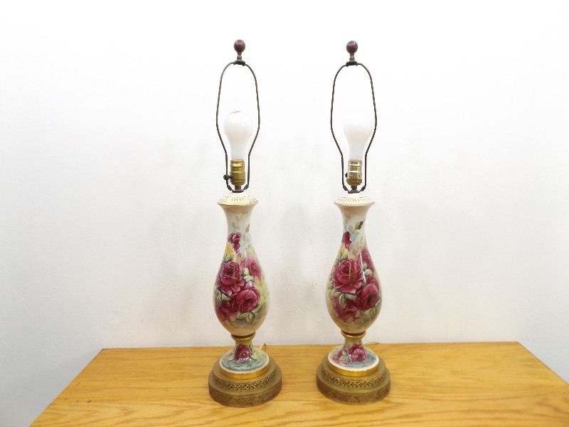 2 Vintage Hand Painted Porcelain Brass Lamps