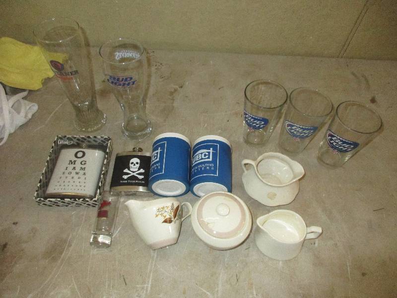 lot 89 image: bud light glasses and 2 flasks