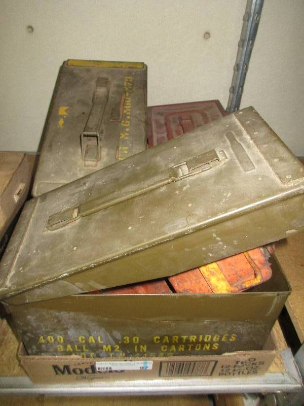 lot 97 image: 3 vintage ammunition boxes and 3 vintage metal trucks