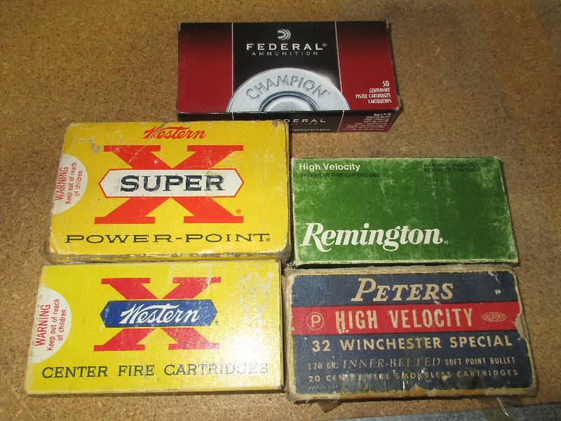 lot 101 image: 2 full boxes of 380 ammo 100 rounds - 1 full box 300 mag 50 rounds -  34 box 30-40 Winchester 15 rounds  and full box 32 Winchester 20 rounds
