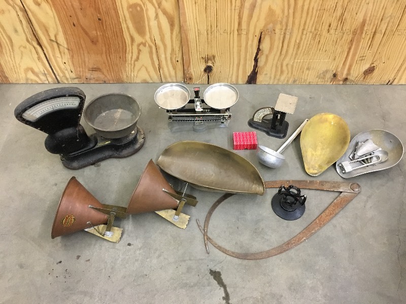 lot 32 image: Tote Of (2) Vintage Scales & Assort...