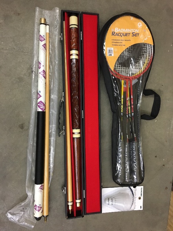 lot 55 image: Lot Of (2) Pool Ques & Badminton Su...