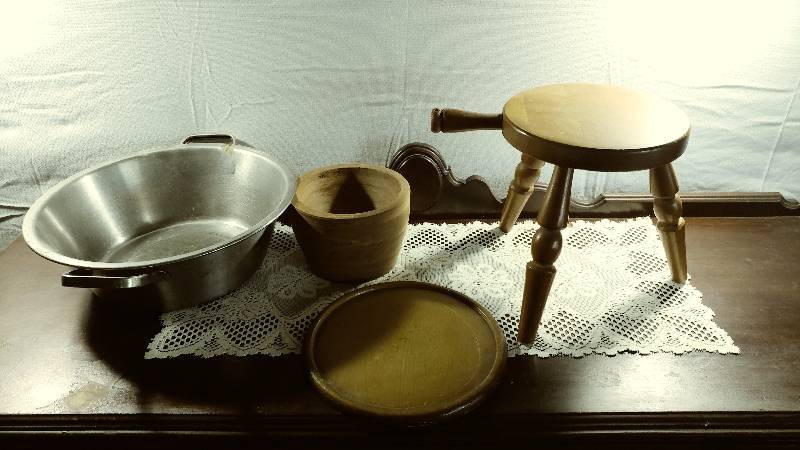 lot 49 image: Wooden Pot, Milk Stool, and Metal Basin