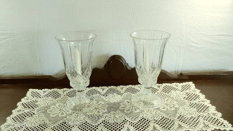 lot 100 image: Pair of Glass Hurricane Lamps