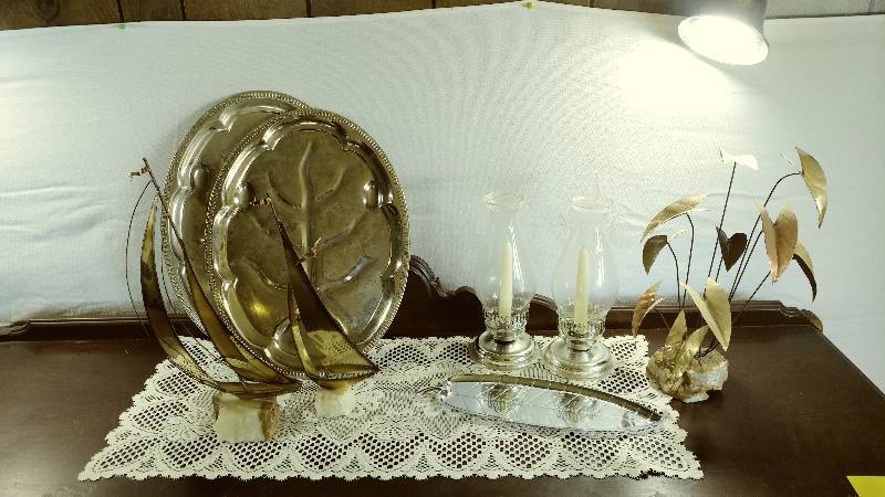 lot 105 image: Silver Platers and Lanterns, Metal Sailboats, and Metal Plant