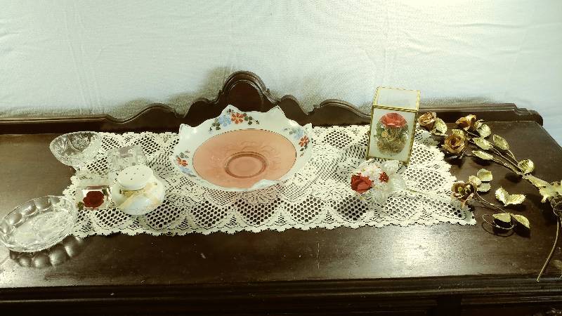 lot 116 image: White and Pink Bowl, Crystal Dishes, and Rose Dcor
