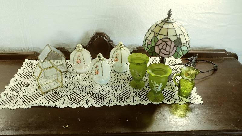 lot 118 image: Stained Glass Lamp, Oil Scent Lamps, and Glass Boxes