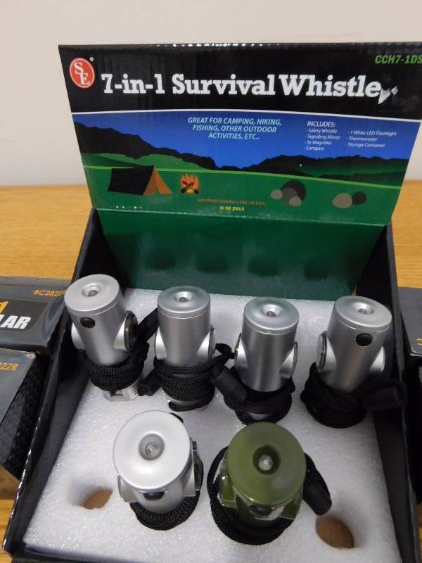 lot 194 image: 4 - 8 x 21 Binoculars, 6 - Survival Whistles, 7 - Handwarmers