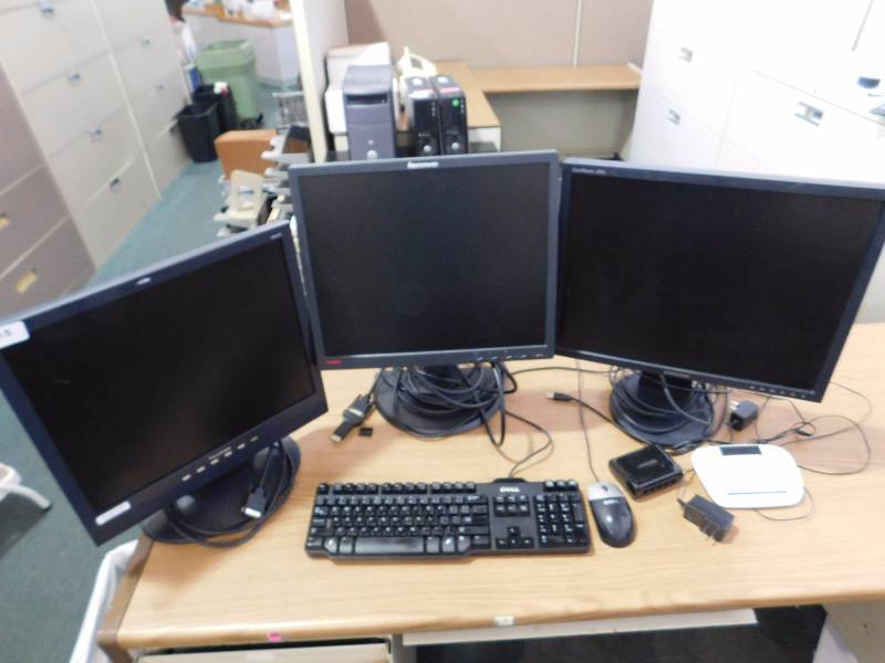 lot 215 image: 3 - Flat Screen Monitors, Keyboard & Mouse
