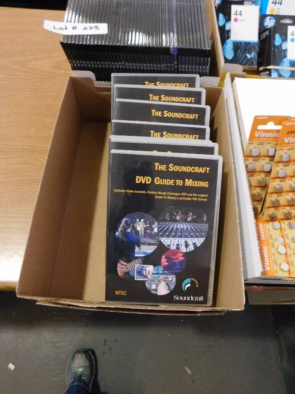 lot 222 image: HP Ink, CD Cases, Avery Shipping Labels, Flat TV Wall Mount Kit