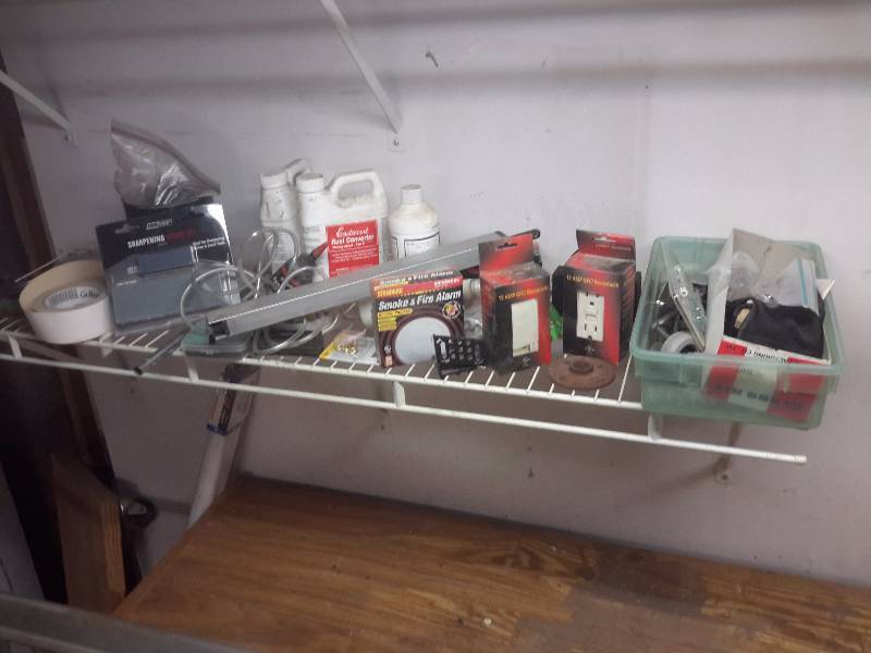 lot 13 image: 3, Wire type shelves and 2 bulletin boardpeg boards.. ALL THINGS ON SHELVES INCLUDED..