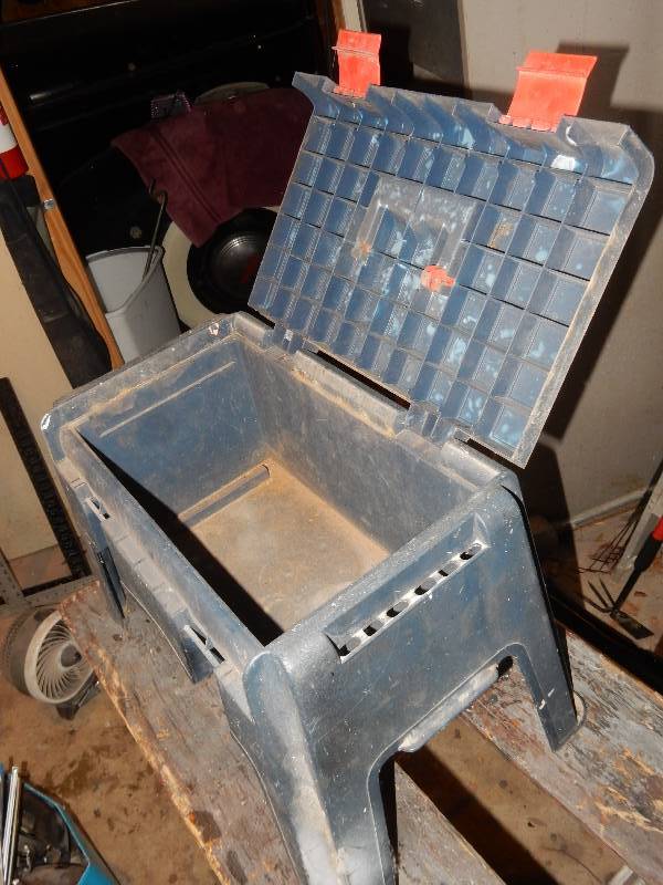 lot 38 image: Foldableportable work bench.. Stool with storage in seat