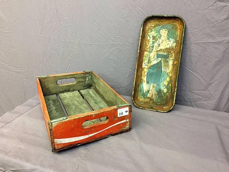 lot 7 image: Coke wood crate and metal tray