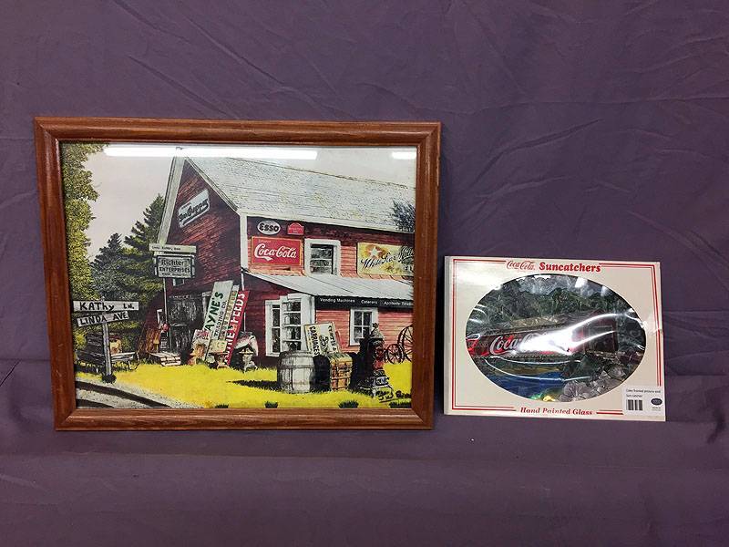 lot 8 image: Coke framed picture and Sun catcher