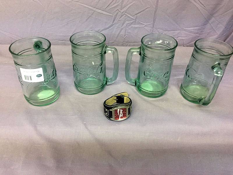 lot 9 image: Coke watch and 4 mugs