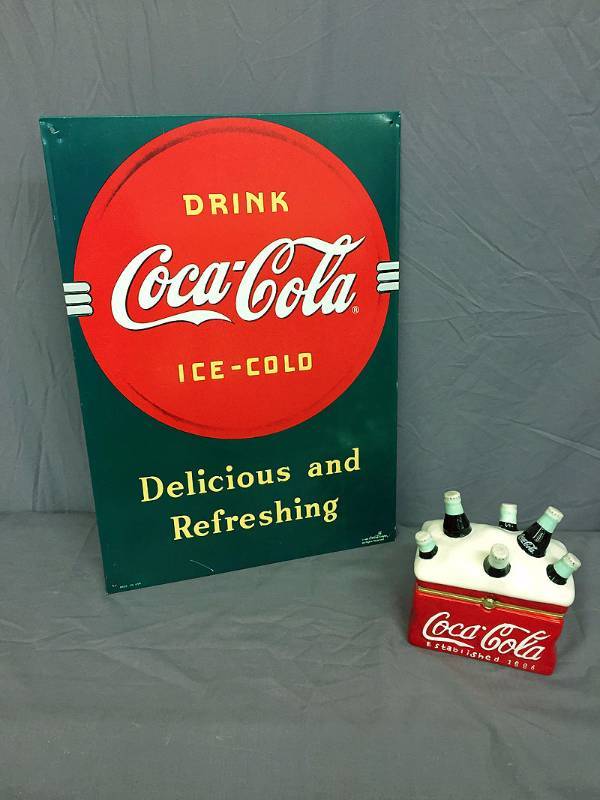 lot 43 image: Tin sign & hinged display cooler