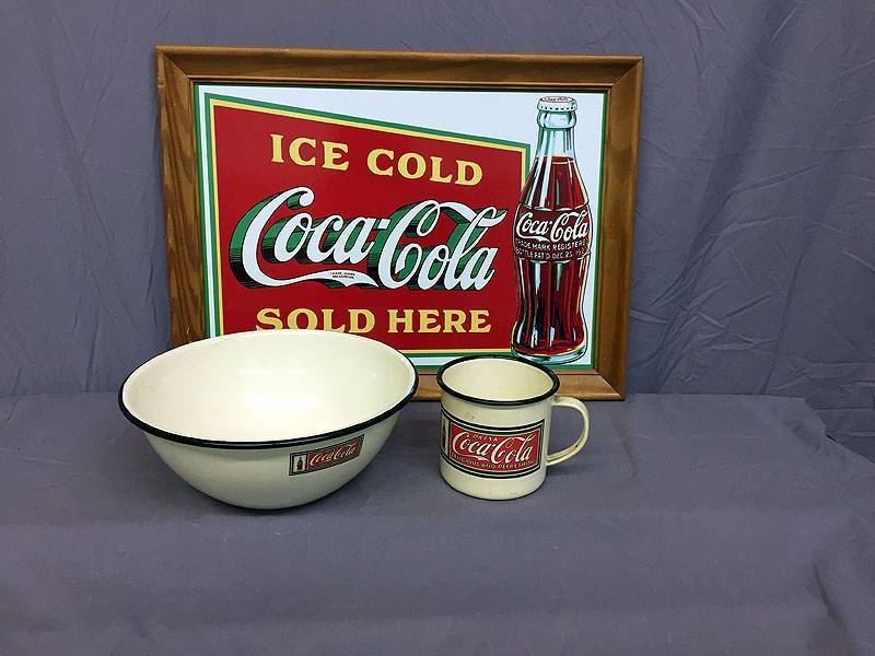 lot 45 image: Coke wood frame sign, cup and bowl