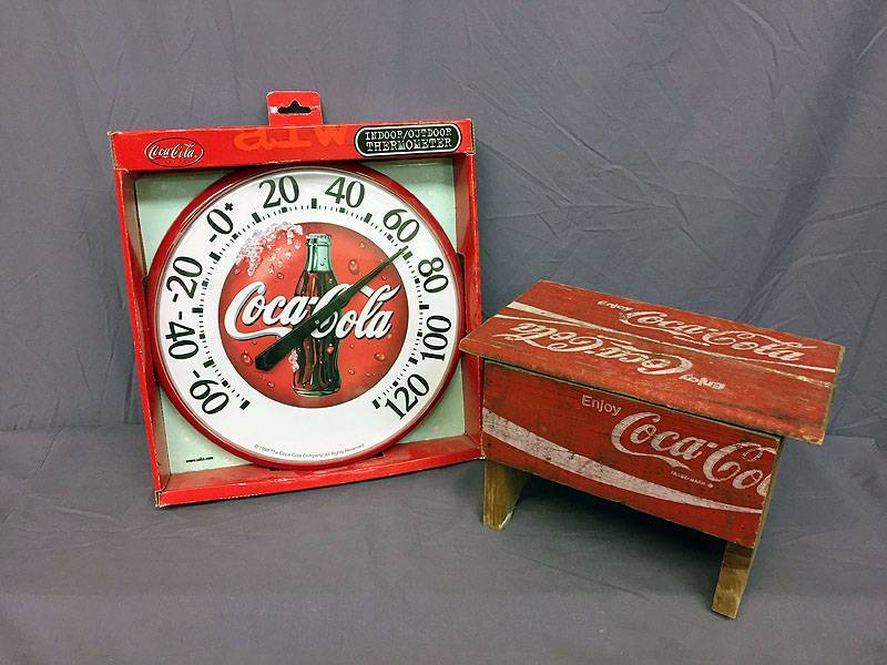 lot 50 image: Coke Thermometer and wood stool