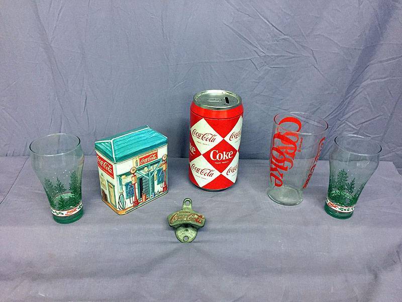 lot 48 image: Coke bottle opener, glasses, tins