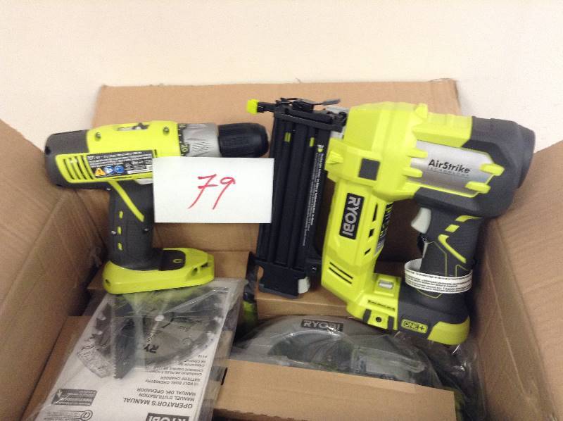 lot 79 image: Ryobi One  18V 5 PC Combo Kit with Airstriker Brad Nailer